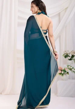 Pre-stitched Satin Georgette Saree in Teal Blue