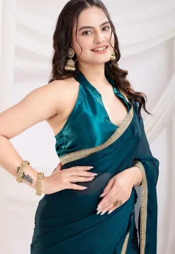 Pre-stitched Satin Georgette Saree in Teal Blue