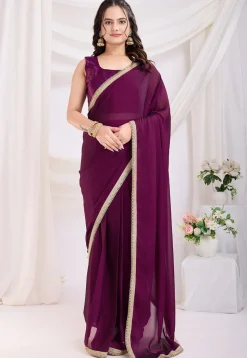 Pre-stitched Satin Georgette Saree in Purple