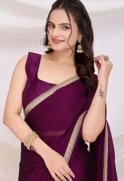 Pre-stitched Satin Georgette Saree in Purple