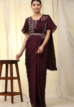 Pre-stitched Satin Georgette Butterfly Pallu Saree in Wine