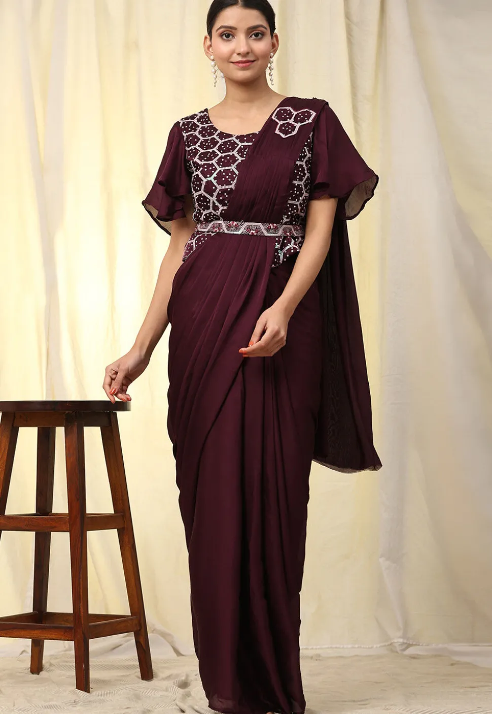 Pre-stitched Satin Georgette Butterfly Pallu Saree in Wine
