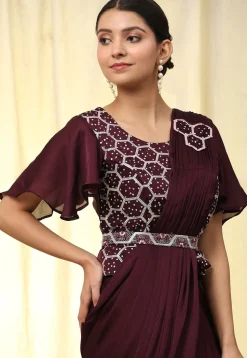 Pre-stitched Satin Georgette Butterfly Pallu Saree in Wine