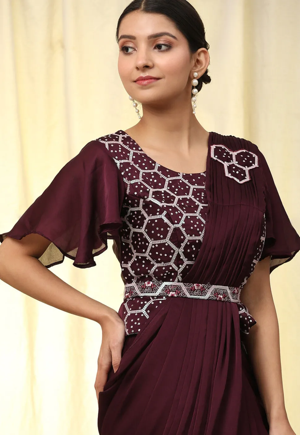 Pre-stitched Satin Georgette Butterfly Pallu Saree in Wine