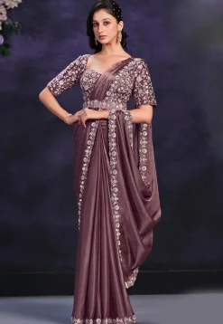Pre-stitched Satin Saree in Dark Old Rose