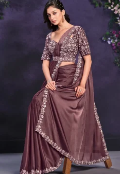 Pre-stitched Satin Saree in Dark Old Rose