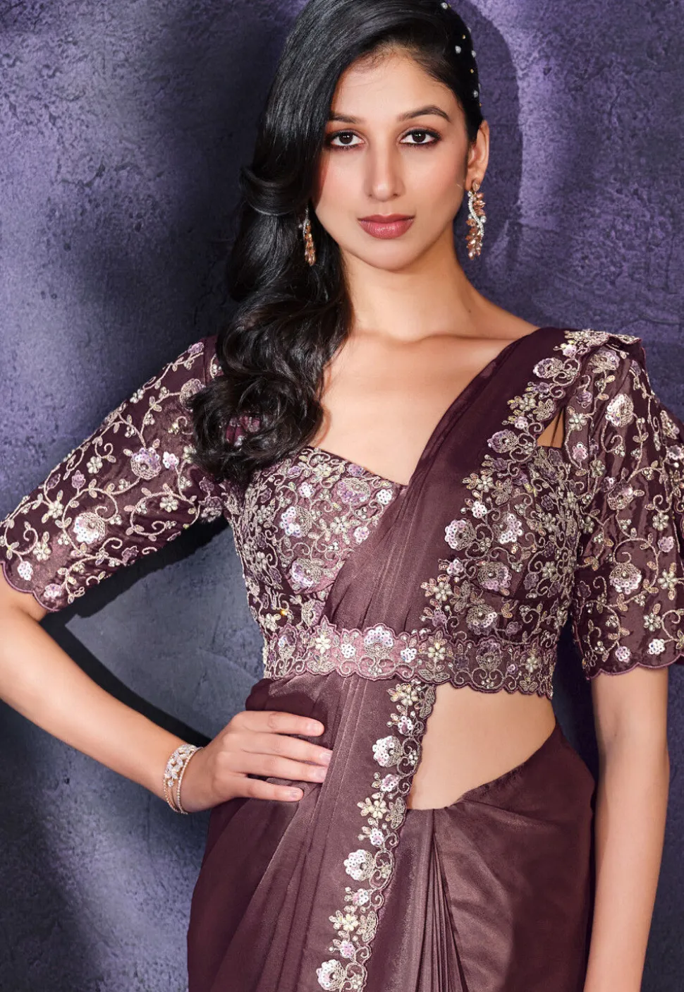 Pre-stitched Satin Saree in Dark Old Rose