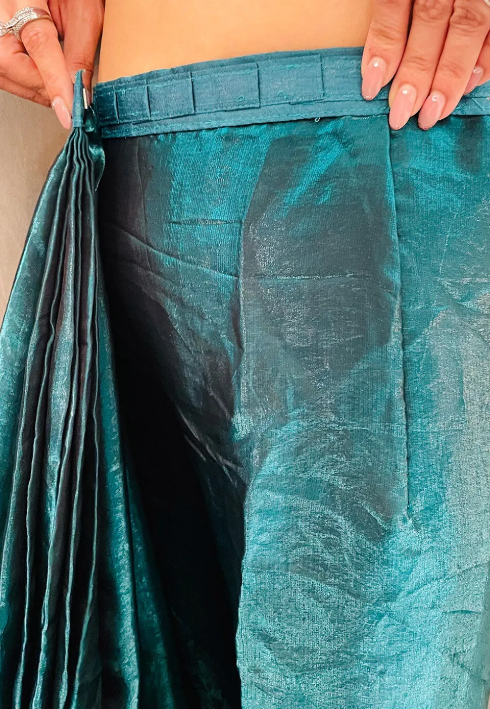 Pre-stitched Satin Saree in Teal Blue