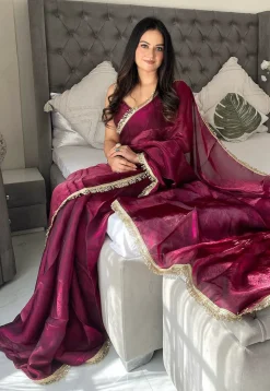 Pre-stitched Satin Saree in Purple
