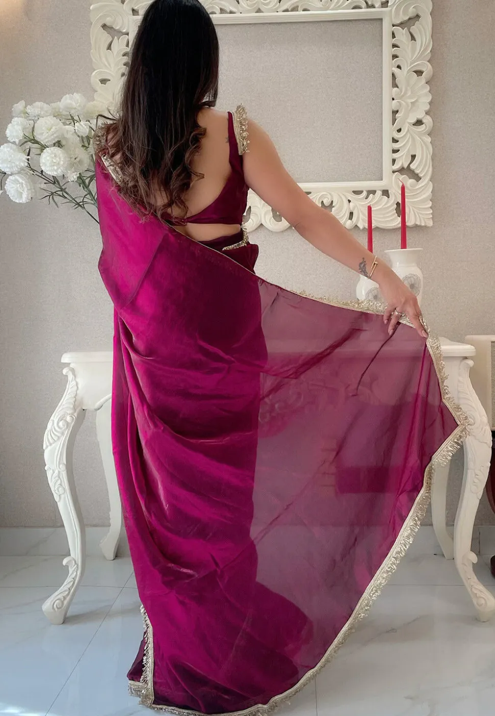 Pre-stitched Satin Saree in Purple