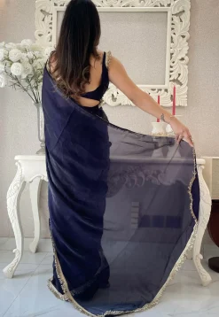Pre-stitched Satin Saree in Navy Blue