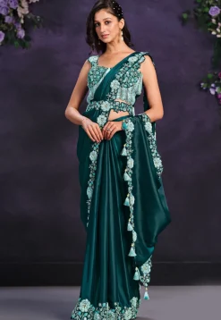 Pre-stitched Satin Saree in Teal Green