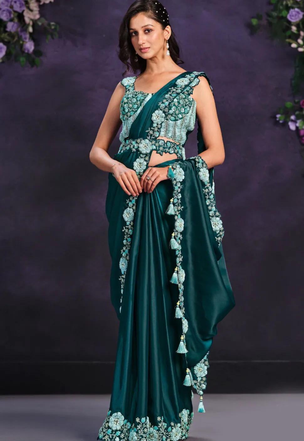 Pre-stitched Satin Saree in Teal Green