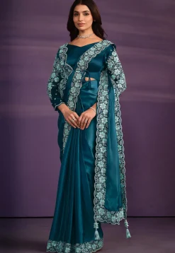 Pre-stitched Satin Saree in Teal Blue