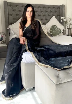Pre-stitched Satin Saree in Black