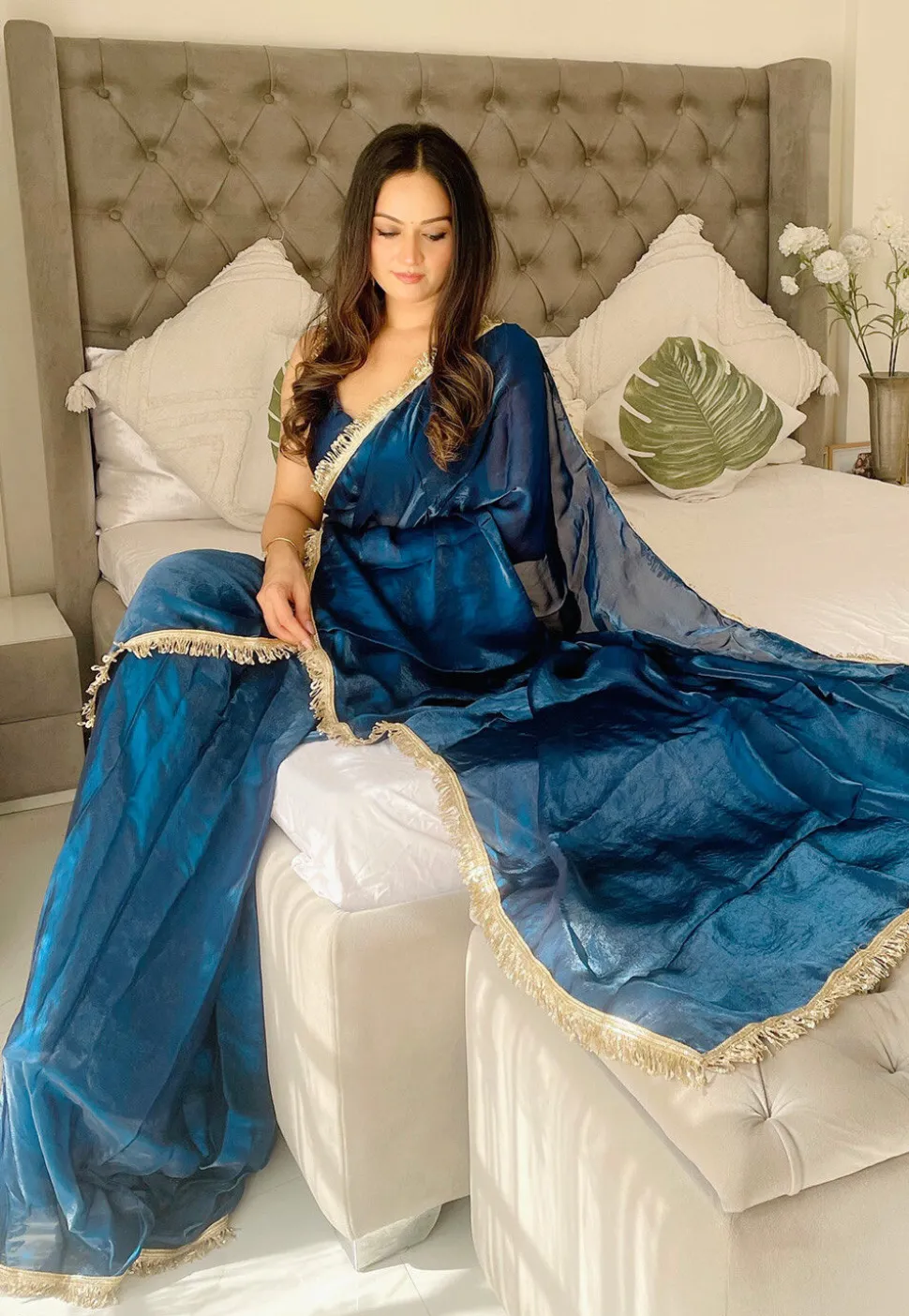 Pre-stitched Satin Saree in Blue