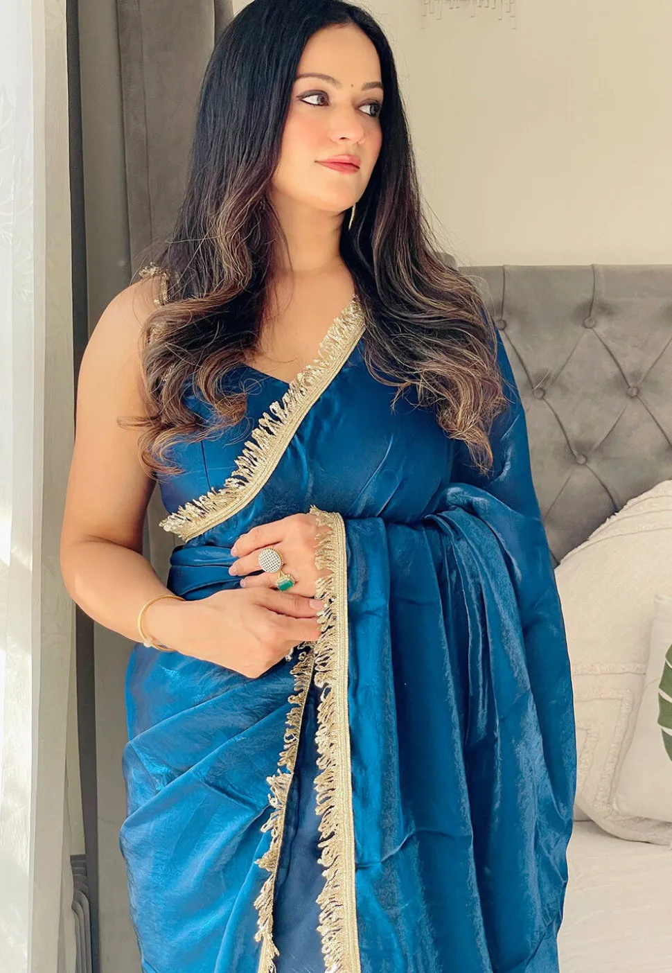 Pre-stitched Satin Saree in Blue