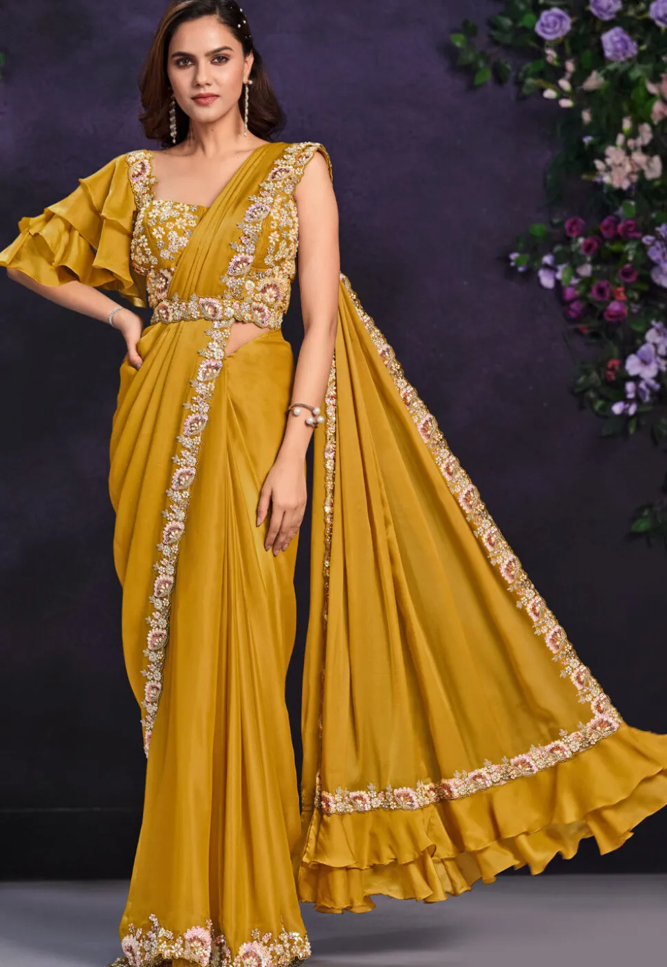 Pre-stitched Satin Saree in Mustard