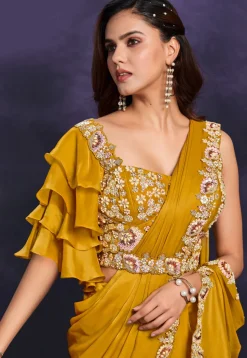 Pre-stitched Satin Saree in Mustard