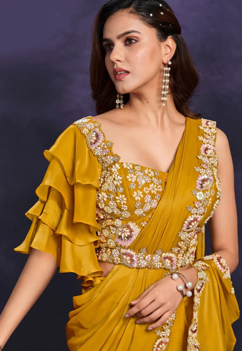Pre-stitched Satin Saree in Mustard