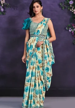Pre-stitched Satin Saree in Cream