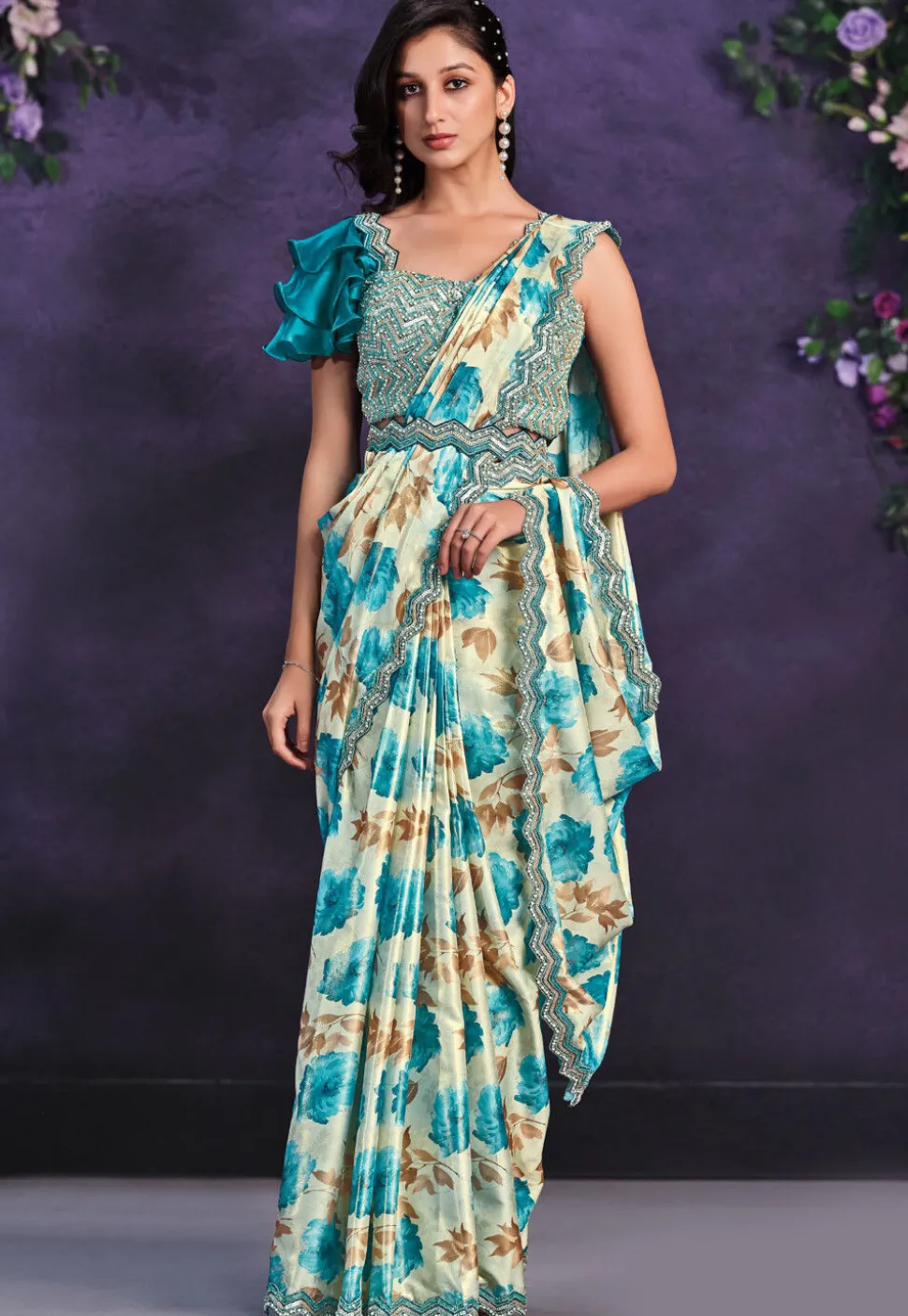 Pre-stitched Satin Saree in Cream