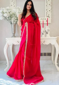 Pre-stitched Satin Saree in Red
