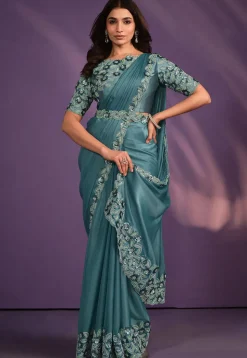 Pre-stitched Satin Scalloped Saree in Blue