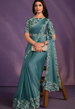 Pre-stitched Satin Scalloped Saree in Blue