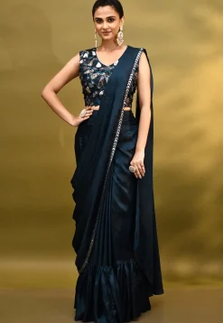 Pre-stitched Shantoon Silk Saree in Navy Blue