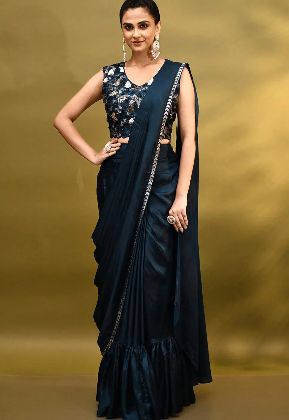 Pre-stitched Shantoon Silk Saree in Navy Blue