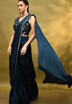 Pre-stitched Shantoon Silk Saree in Navy Blue