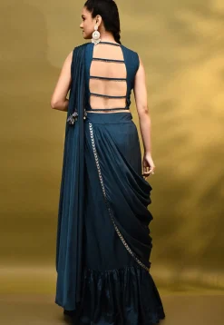 Pre-stitched Shantoon Silk Saree in Navy Blue