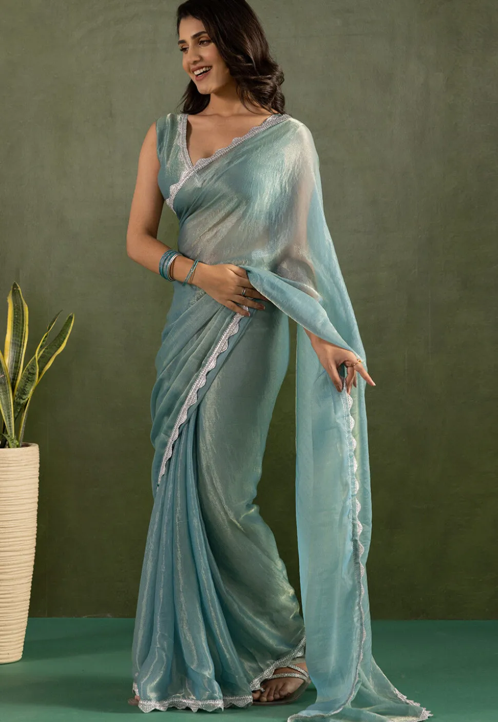 Pre-stitched Tissue Saree in Blue