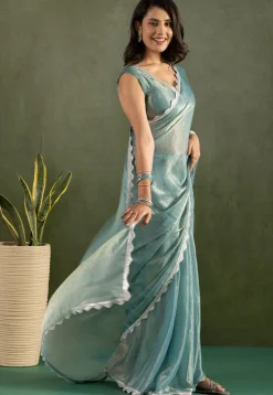 Pre-stitched Tissue Saree in Blue