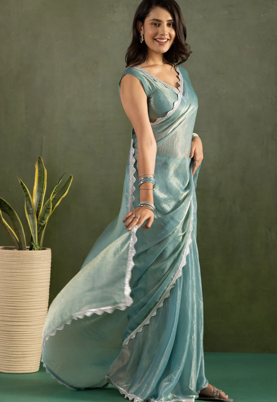 Pre-stitched Tissue Saree in Blue