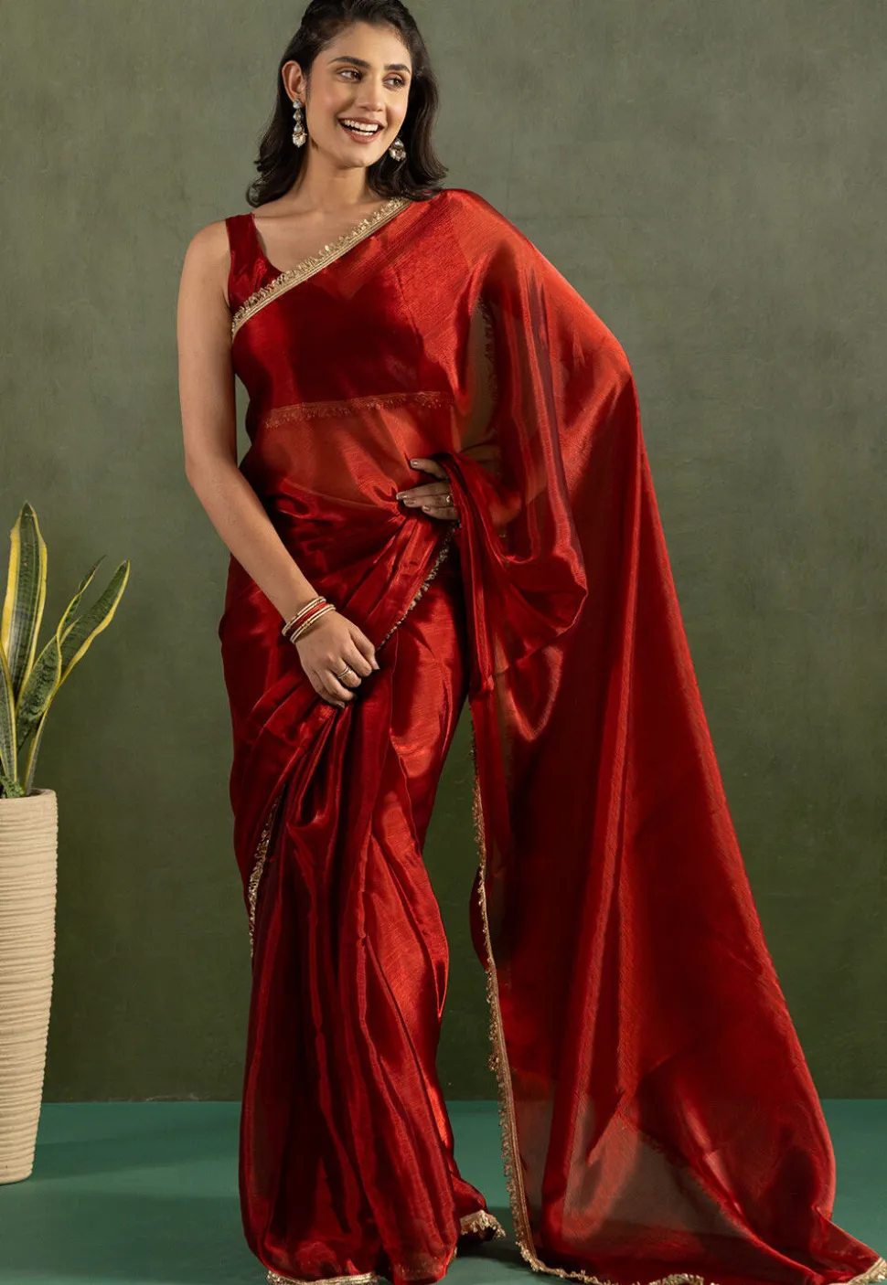 Pre-stitched Tissue Saree in Red