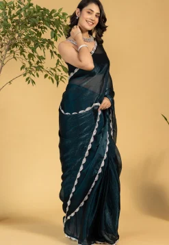 Pre-stitched Tissue Saree in Teal Blue