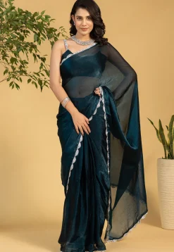 Pre-stitched Tissue Saree in Teal Blue