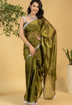 Pre-stitched Tissue Saree in Olive Green