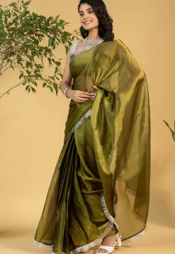 Pre-stitched Tissue Saree in Olive Green