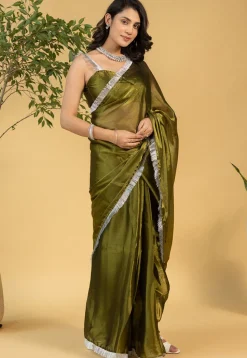 Pre-stitched Tissue Saree in Olive Green