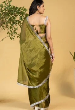 Pre-stitched Tissue Saree in Olive Green