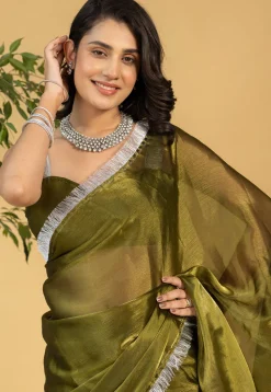 Pre-stitched Tissue Saree in Olive Green