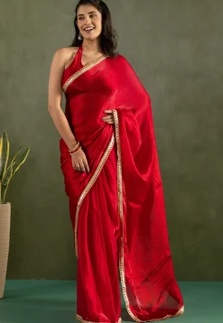 Pre-stitched Tissue Saree in Red