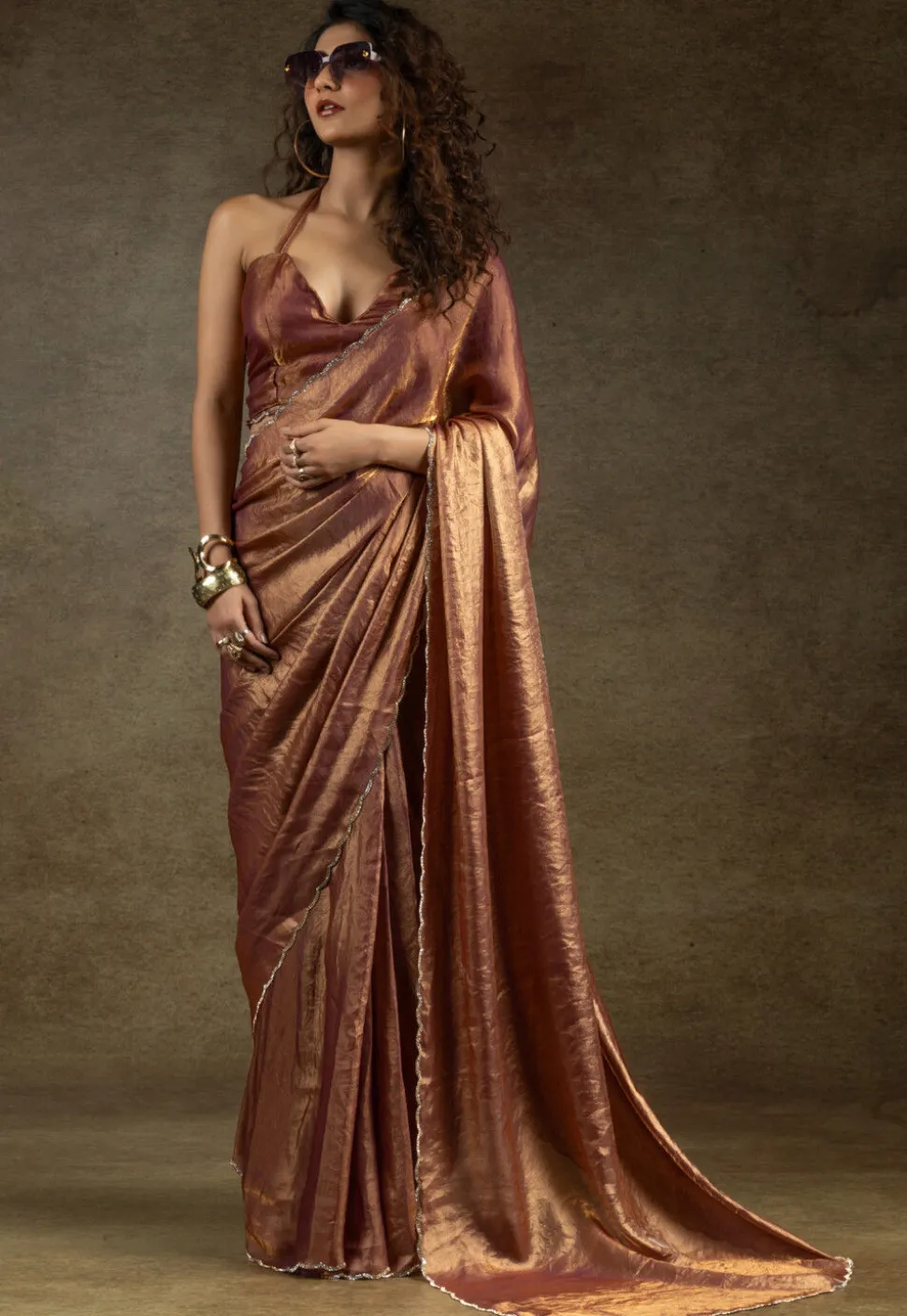 Pre-stitched Tissue Scalloped Saree in Rust