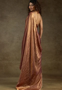 Pre-stitched Tissue Scalloped Saree in Rust