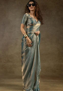 Pre-stitched Tissue Scalloped Saree in Teal Blue