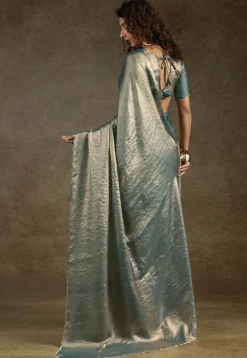 Pre-stitched Tissue Scalloped Saree in Teal Blue