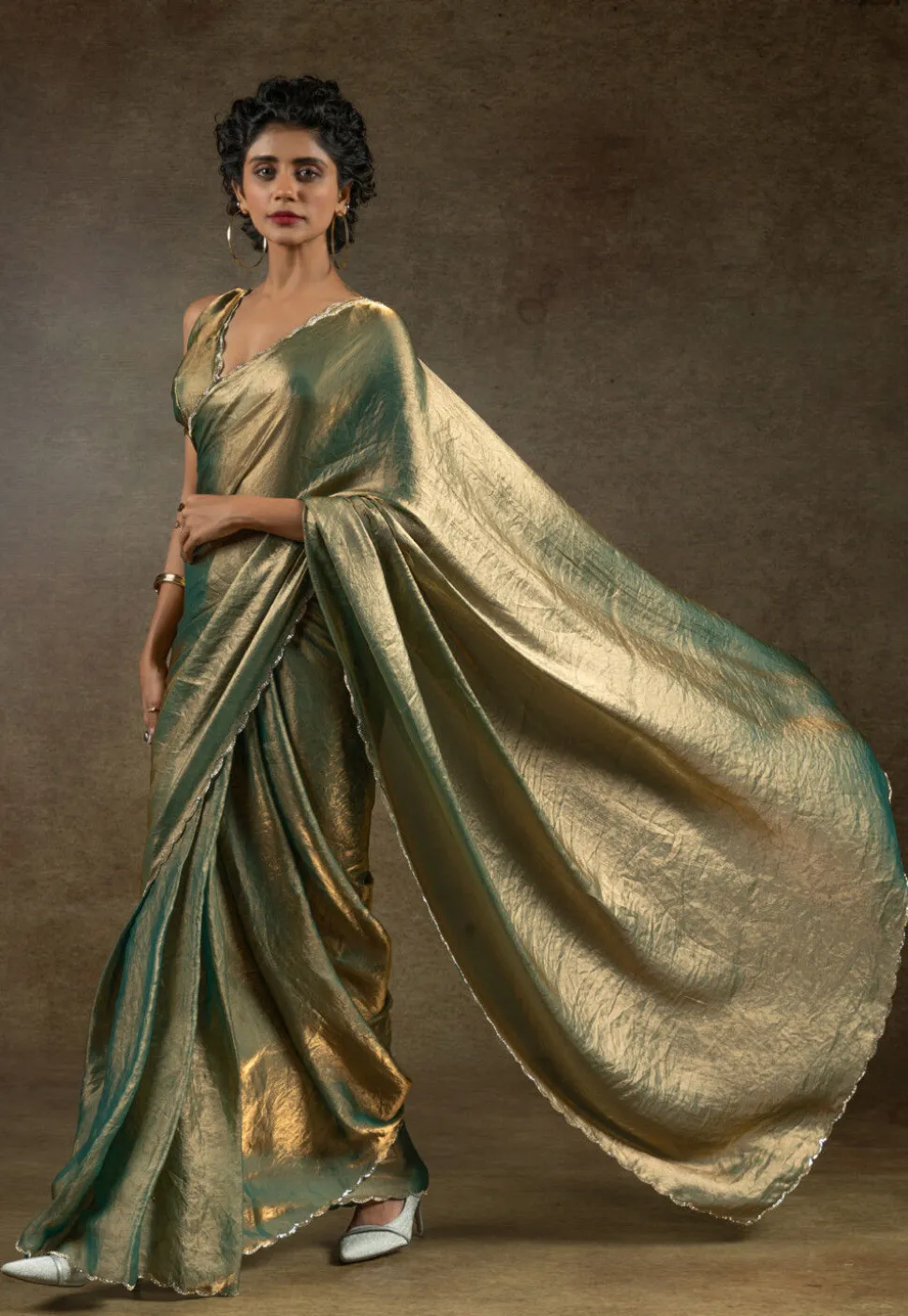 Pre-stitched Tissue Scalloped Saree in Dusty Green